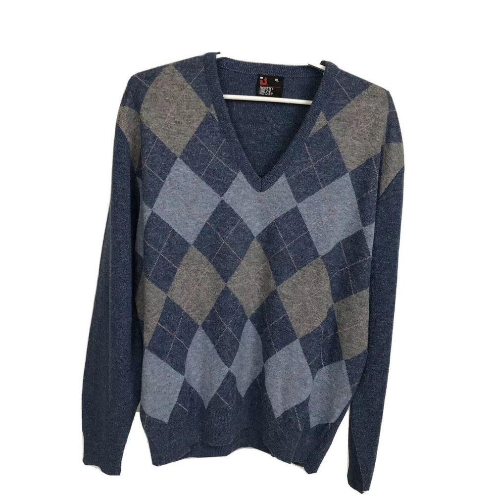 VTG Robert Bruce Mens Long Sleeve Multi Color V- Neck Argyle Sweater XL